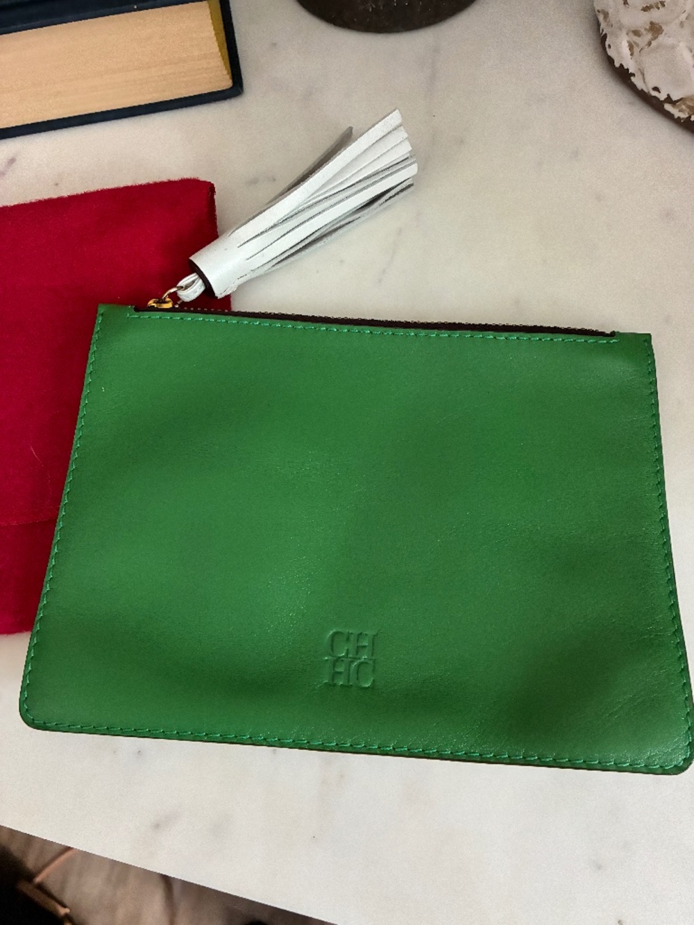 Carolina Herrera Two Tone Green Taupe Leather Zipper Pouch Tassel Clutch (CHHC)